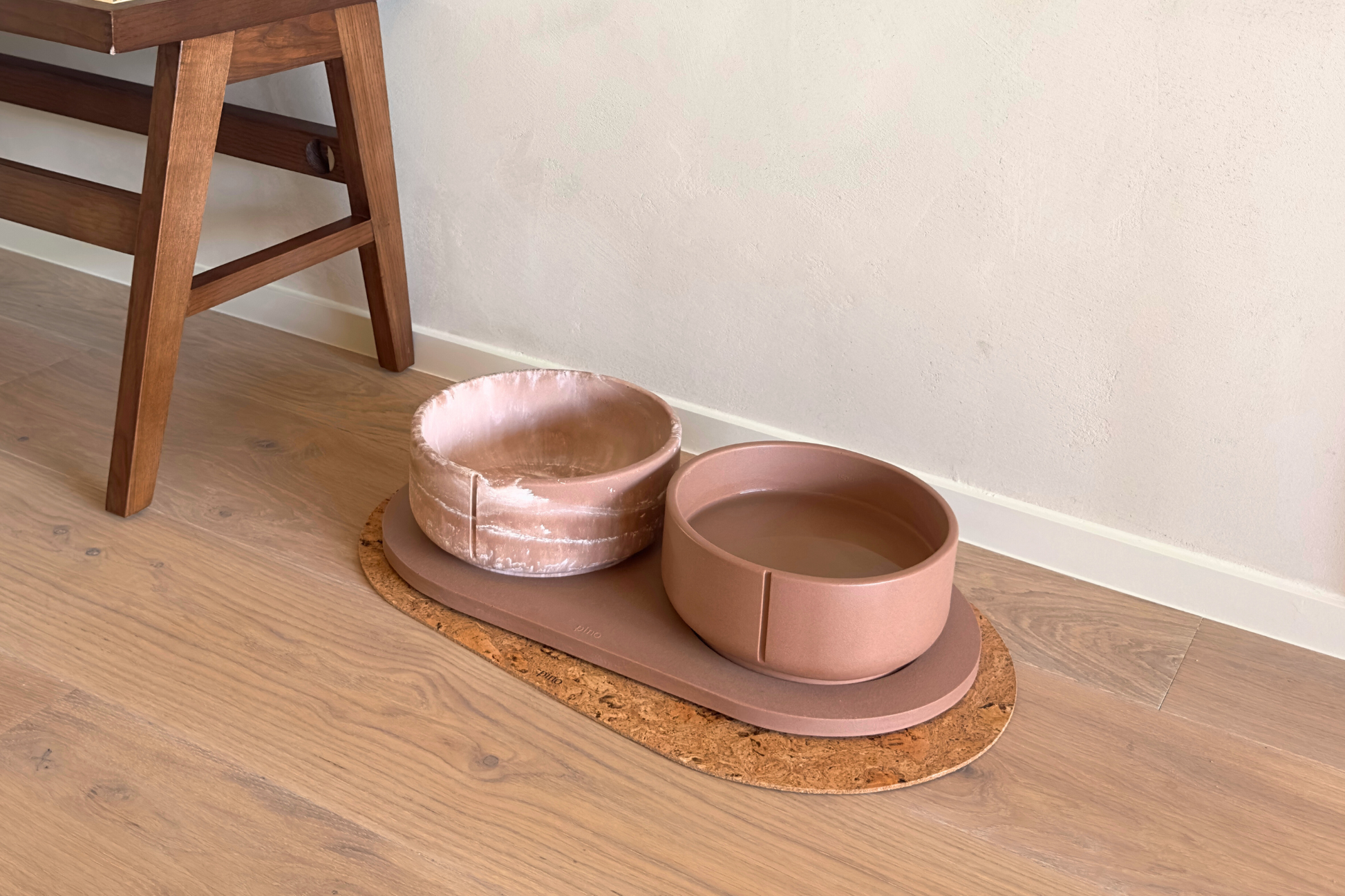a complete set of bowl on the cork mat
