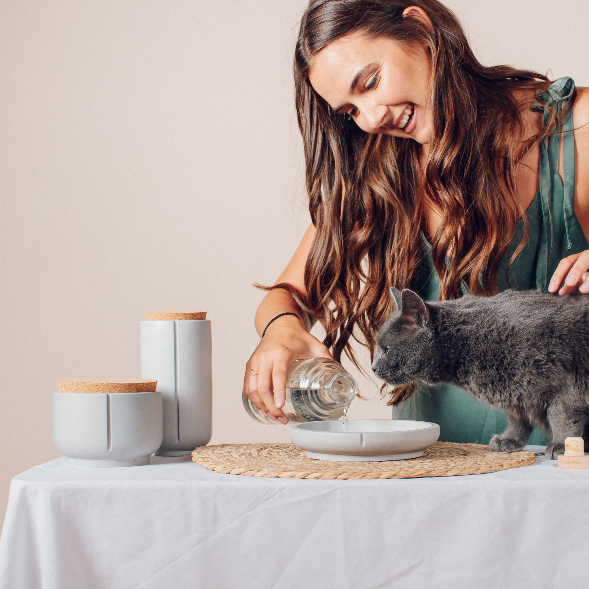 a person giving water to a grey cat